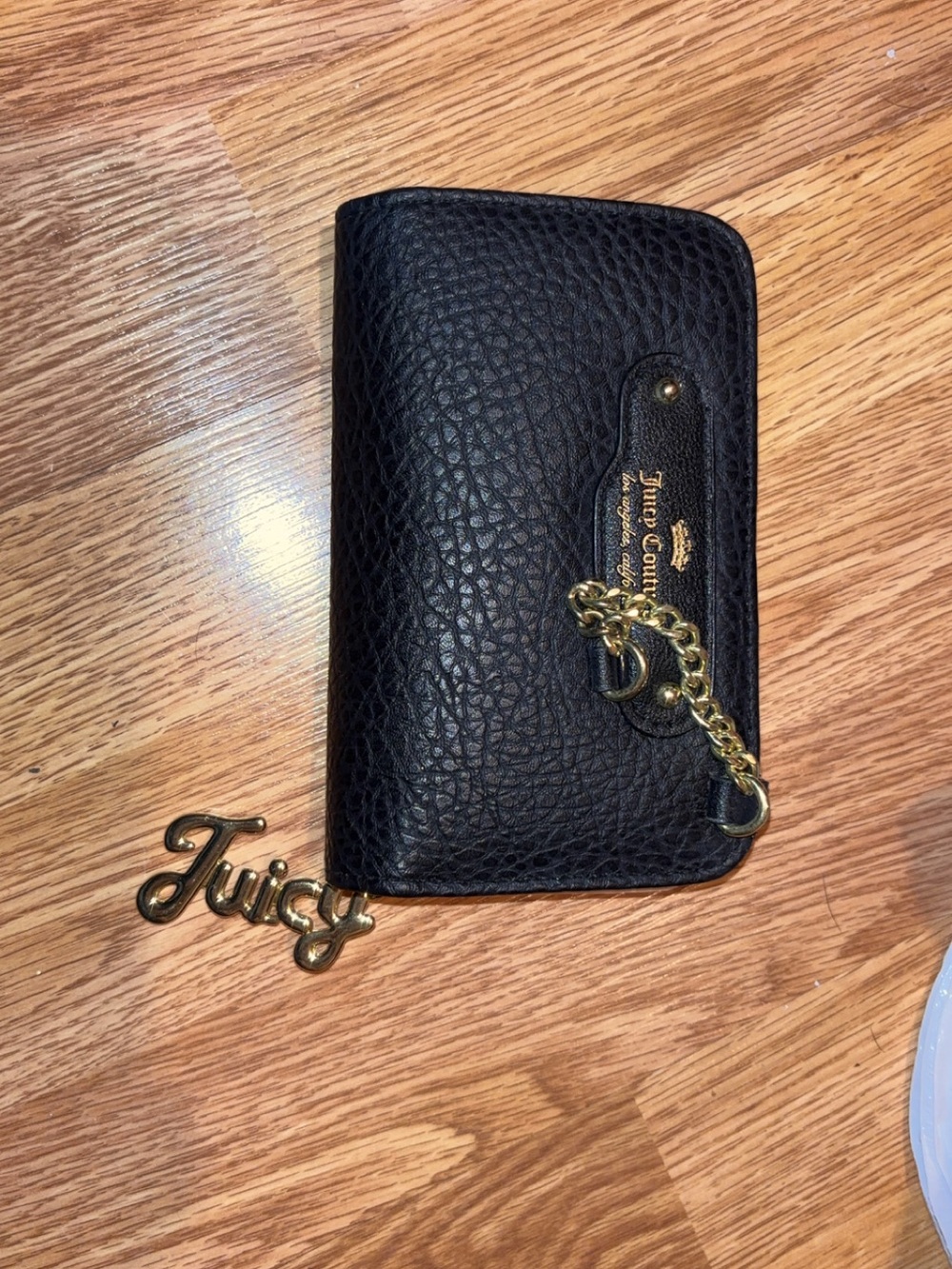 Juicy Couture Black Pebbled Leather Zip Card Holder with Gold Chain Charm